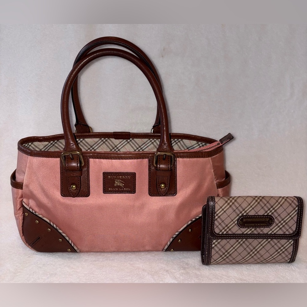 Burberry Pink Canvas Tote with Brown Leather Trim and Plaid Wallet